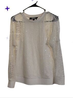 DKNY White Sequin Long Sleeve Mesh Top